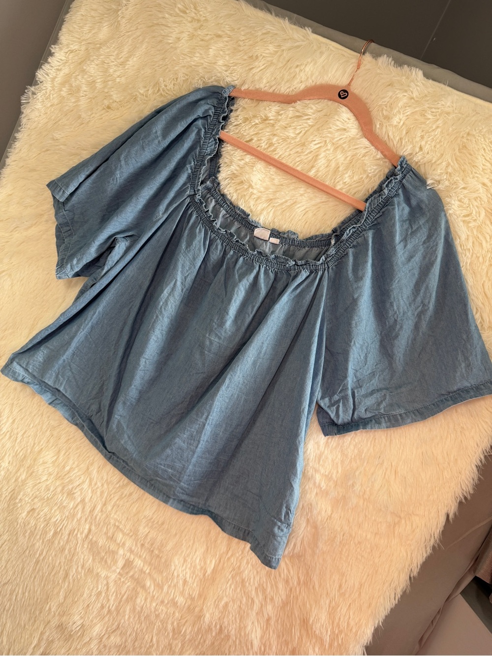 Gap Womens Boho Peasant Denim Top L Blue Cotton Wide Sleeve Elastic Square Neck
